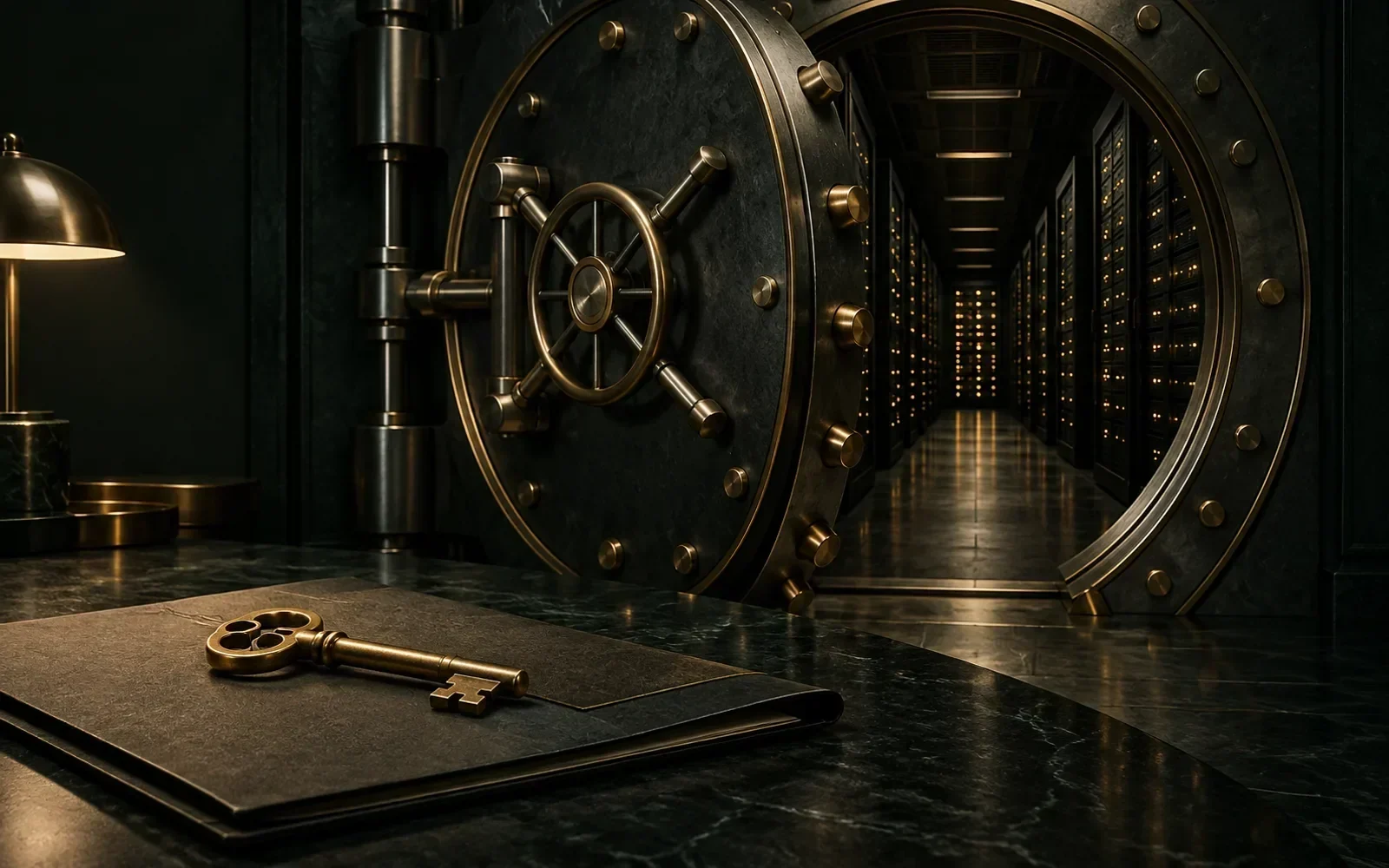 Três portas sucessivas em um corredor de arquivo, uma aberta para um cidadão, outra para um magistrado e a terceira com selo e protocolo, em verde-tinta e ouro.