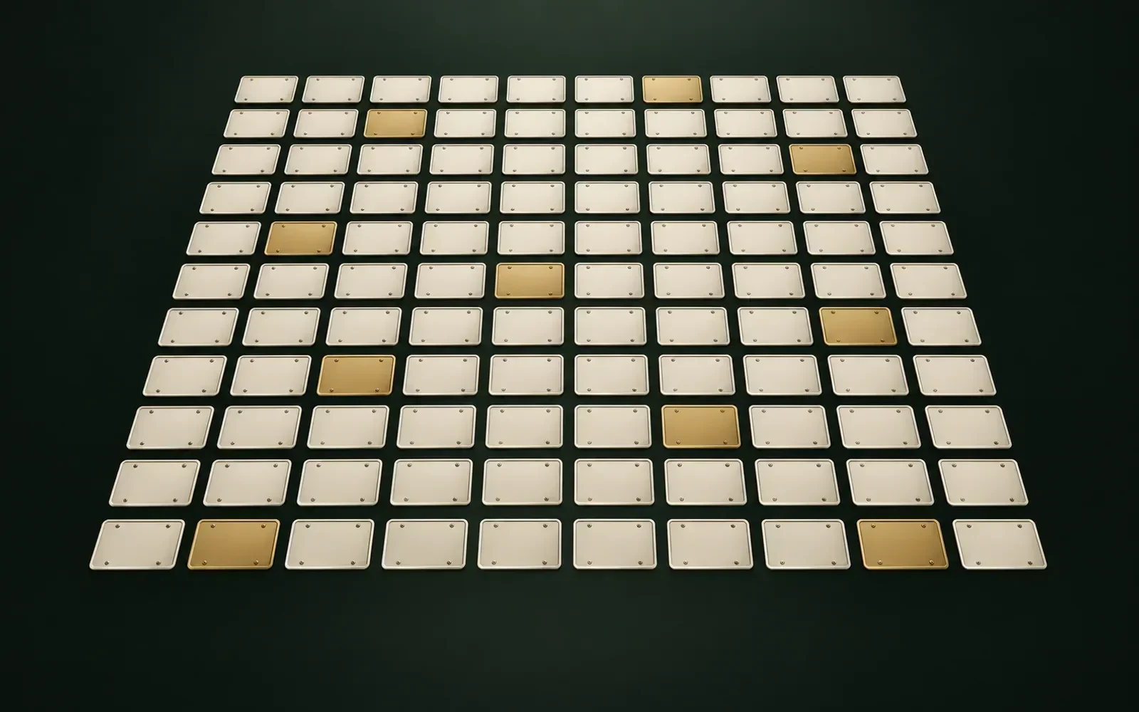 Fileira de cem placas de carro estilizadas, seis delas marcadas em dourado sobre fundo verde-escuro, em composição editorial sem texto.