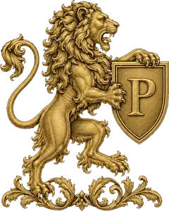 Emblema da Patrono: leão rampante segurando um escudo com a letra P
