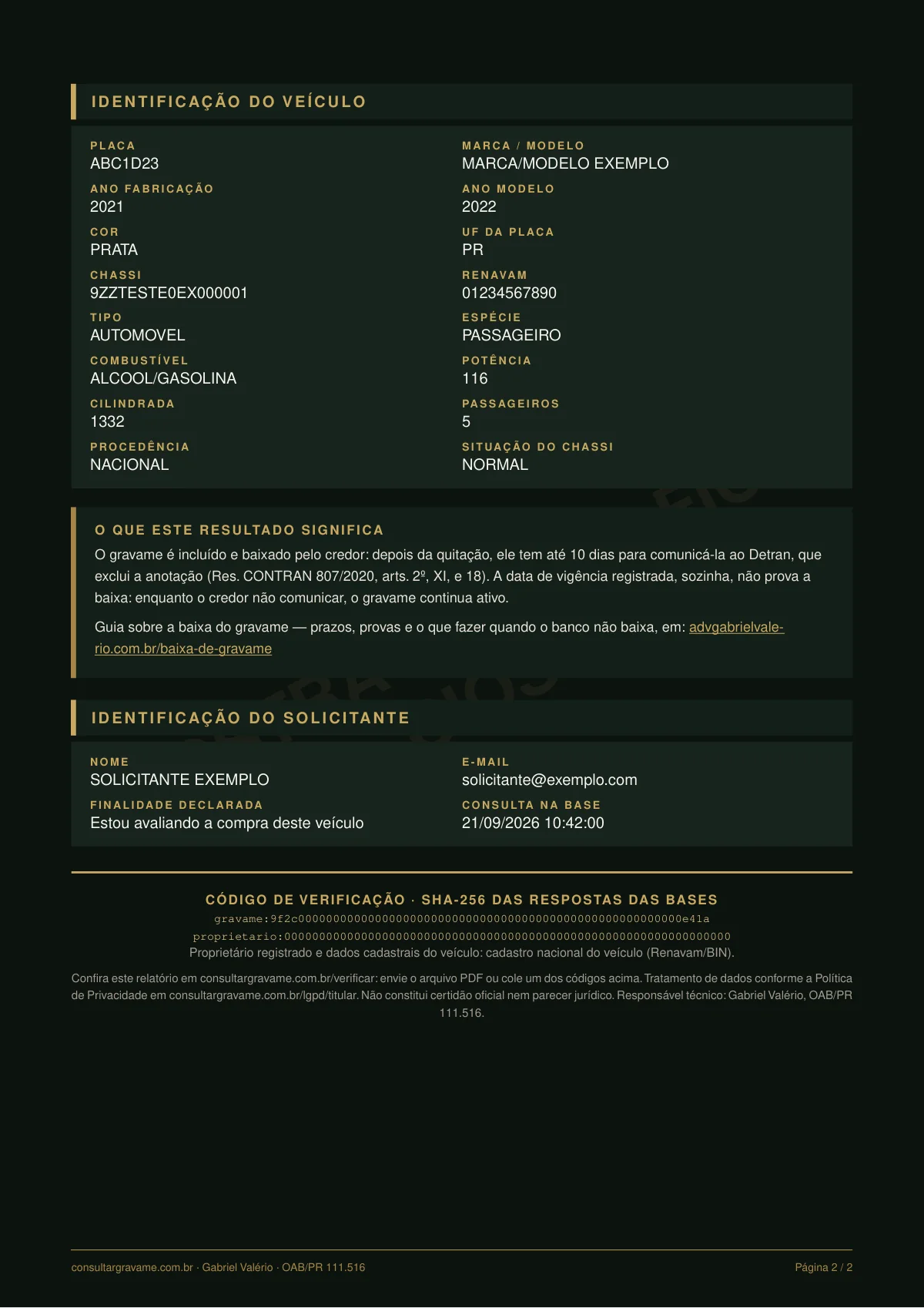 Segunda página da amostra do relatório de gravame, com ficha do veículo, solicitante e código de verificação.