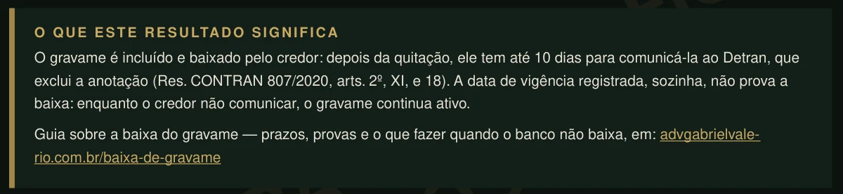 Bloco explicativo da amostra de gravame sobre a baixa pelo credor em até dez dias após quitação.