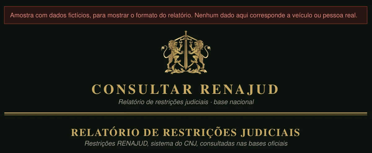 Cabeçalho da amostra do relatório de restrições judiciais RENAJUD, com brasão e aviso de dados fictícios.